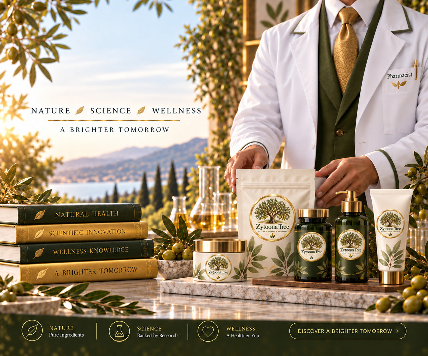 Zytoona Tree wellness concept with a pharmacist, botanical products, olive branches, and wellness books