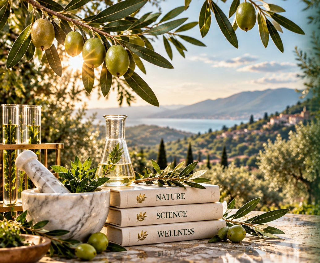 Olive branches and botanical science glassware overlooking a Mediterranean landscape